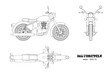 Retro classic motorcycle in outline style. Side, top and front view. Drawing of vintage motorbike on white background