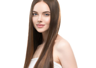 Beautiful hair smooth brunette woman beauty portrait healthy skin and haistyle 