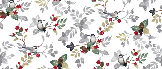  Vector illustration of a seamless floral pattern with cute birds in winter for Wedding, anniversary, birthday and party. Design for banner, poster, card, invitation and scrapbook 