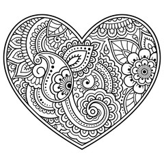 Mehndi flower pattern in form of heart for Henna drawing and tattoo. Decoration in ethnic oriental, Indian style. Valentine's day greetings. Coloring book page.