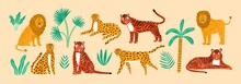 Collection Of Amusing Lions, Tigers, Leopards, Exotic Leaves, Tropical Plants And Palm Tree Isolated On Light Background. Bundle Of Wild African Feline Animals. Flat Cartoon Vector Illustration.
