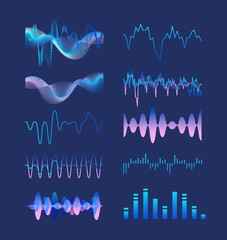 Wall Mural - set of various colorful sound music waves, audio or acoustic electronic signals isolated on dark bac