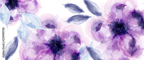 Foto-Schiebegardine Komplettsystem - Purple flowers watercolor background Vector. Delicate blooming floral banner decor. Invitation card, wedding ceremony, postcard, Women day greeting. colorful drops flow. Beautiful pastel colors (von castecodesign)