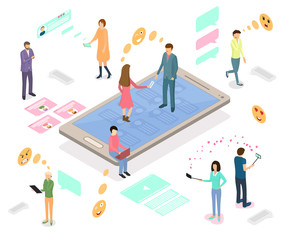 Poster - People Connecting Devices Infographics Concept 3d Isometric View. Vector