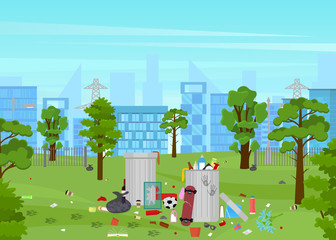 Poster - Cartoon Garbage in Park Card Poster. Vector