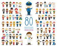 Kids Vector Characters Collection: Set Of 80 Different Professions In Cartoon Style. Women Edition.