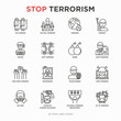 Stop terrorism thin line icons set: terrorist, civil disorder, national army, hostage, bombs, cyber attacks, suicide, bomber, illegal imprisonment, bioterrorism. Modern vector illustration.