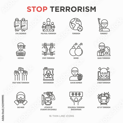 Fotografía Stop terrorism thin line icons set: terrorist, civil disorder, national army, hostage, bombs, cyber attacks, suicide, bomber, illegal imprisonment, bioterrorism