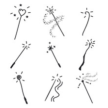Magic Wand Doodle Set. Vector Hand Drawn Icon Collection Isolated On A White Background.