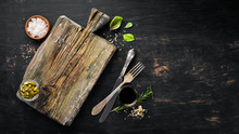 Kitchen Wooden Board. Food Background. On A Wooden Background. Top View. Free Space For Your Text.