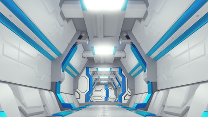 Wall Mural - White Corridor of a spaceship with blue decor. sci-fi spacecraft 3d illustartions.