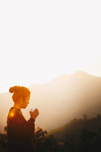 Asian Woman Standing Drinking Coffee And Relaxing In Sunrise And Sunshine Light Enjoying Life Her Warm Morning, Lifestyle Concept