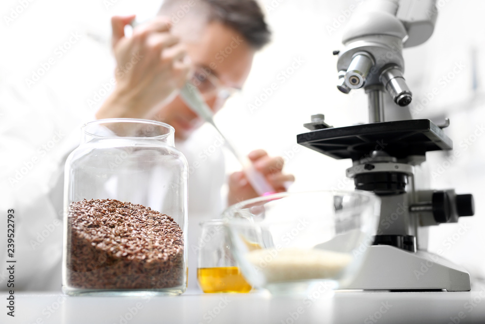 Laboratorium. Badanie żywności.  Laborant w pracowni laboratorium naukowego analizuje pod mikroskopem. - obrazy, fototapety, plakaty 