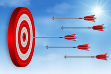 Red Arrows Darts Fling Go To Target Circle. Business Success Goal. On Background Sky. Creative Idea. Leadership. Cartoon Vector Illustration