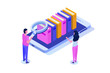 © Andrii Symonenko - Online digital library isometric, online book shop, e-learning, eBook. Vector illustration.