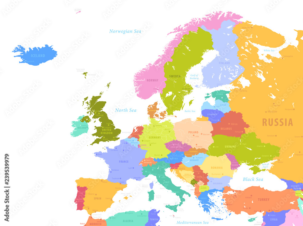 Colorful Vector map of Europe - obrazy, fototapety, plakaty 