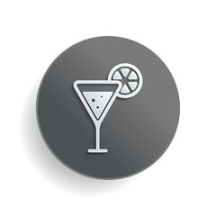 Wall Mural - cocktail with lemon slice icon. White paper symbol on gray round button with shadow