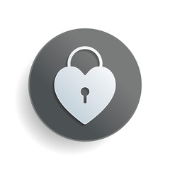 Poster - heart lock, padlock. simple silhouette. White paper symbol on gray round button with shadow
