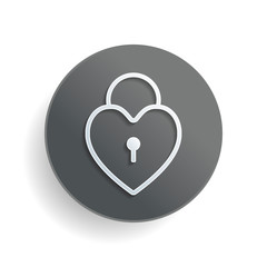 Poster - heart lock, padlock. simple silhouette. White paper symbol on gray round button with shadow