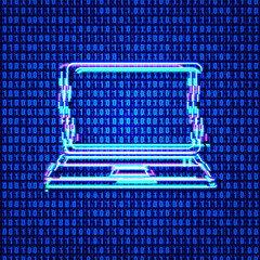 Sticker - Vector Glitch Effect, Shining Laptop on Bright Blue Binary Code Background.