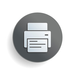 Poster - printer and paper. White paper symbol on gray round button with shadow