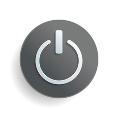 Poster - shut down, power. White paper symbol on gray round button with shadow