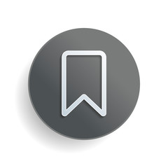 Poster - simple outline bookmark. White paper symbol on gray round button or badge with shadow