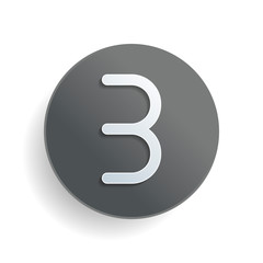 Poster - Number three, numeral, simple letter. White paper symbol on gray round button or badge with shadow