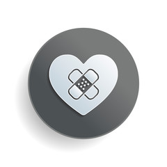 Poster - broken heart with patch. simple single icon. White paper symbol on gray round button or badge with shadow