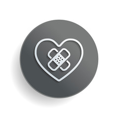 Poster - broken heart with patch. linear symbol with thin outline. simple single icon. White paper symbol on gray round button or badge with shadow