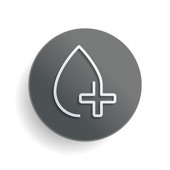 Poster - drop of blood and medical cross. linear symbol with thin outline. one line style. White paper symbol on gray round button or badge with shadow