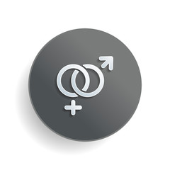 Poster - gender symbol. linear symbol. simple men and women icon. White paper symbol on gray round button or badge with shadow