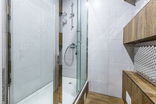 Spacious Bathroom In Gray Tones With Heated Floors Walk In Shower