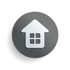 Poster - Simple house icon. White paper symbol on gray round button or badge with shadow