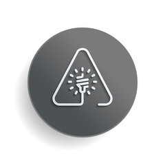 Poster - Led lamp in warning triangle. Linear icon with thin outline. One line style. White paper symbol on gray round button or badge with shadow