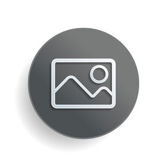 Poster - Picture with couple of mountains and sun. Simple linear icon. White paper symbol on gray round button or badge with shadow