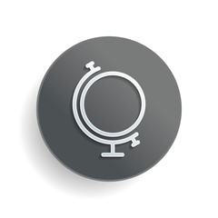 Poster - Simple globe. Linear icon, thin outline. White paper symbol on gray round button or badge with shadow