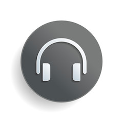 Poster - Simple headphones icon. White paper symbol on gray round button or badge with shadow