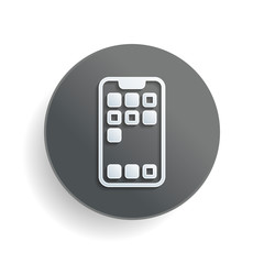 Poster - Simple mobile phone icon. Linear symbol, thin outline. White paper symbol on gray round button or badge with shadow