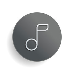 Poster - Simple music note. Linear icon, thin outline. White paper symbol on gray round button or badge with shadow