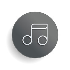 Poster - Simple music note. Linear icon, thin outline. White paper symbol on gray round button or badge with shadow