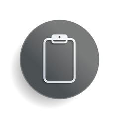 Poster - Tablet with paper. White paper symbol on gray round button or badge with shadow