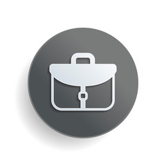 Poster - Briefcase, office bag. White paper symbol on gray round button or badge with shadow