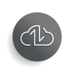 Poster - Data cloud icon. Backup, restore. Upload, download. Up and Down arrows. Linear, thin outline. White paper symbol on gray round button or badge with shadow