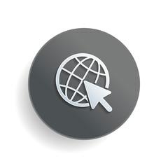 Poster - Globe and arrow icon. White paper symbol on gray round button or badge with shadow
