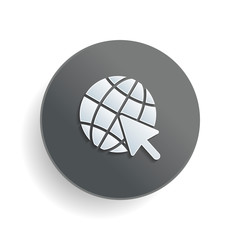 Poster - Globe and arrow icon. White paper symbol on gray round button or badge with shadow
