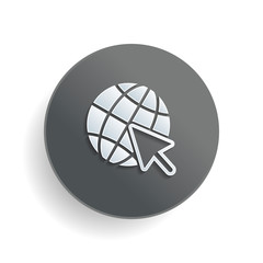 Poster - Globe and arrow icon. White paper symbol on gray round button or badge with shadow