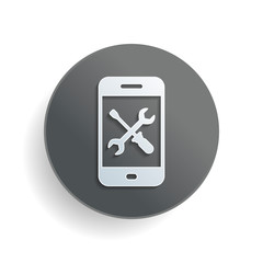 Poster - Phone repair service icon. White paper symbol on gray round button or badge with shadow