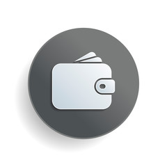 Poster - Purse, wallet, money icon. White paper symbol on gray round button or badge with shadow