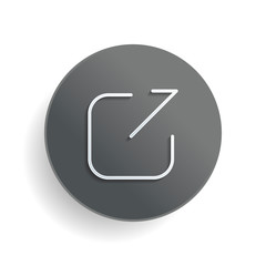 Poster - Share, logout or upload. Diagonal arrow out square. White paper symbol on gray round button or badge with shadow
